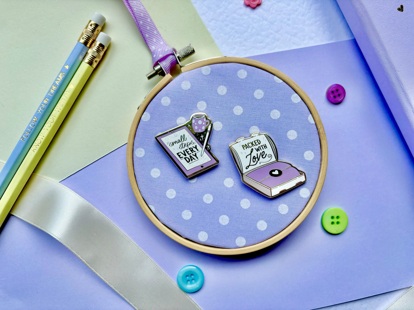 Lilac Polka Dot Enamel Pin Display Hoop (Choice of 4" or 6" Hoop)