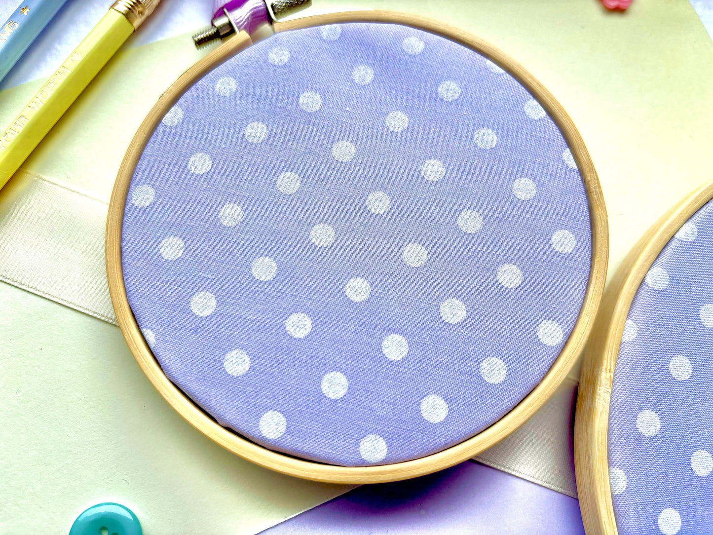 Lilac Polka Dot Enamel Pin Display Hoop (Choice of 4" or 6" Hoop)