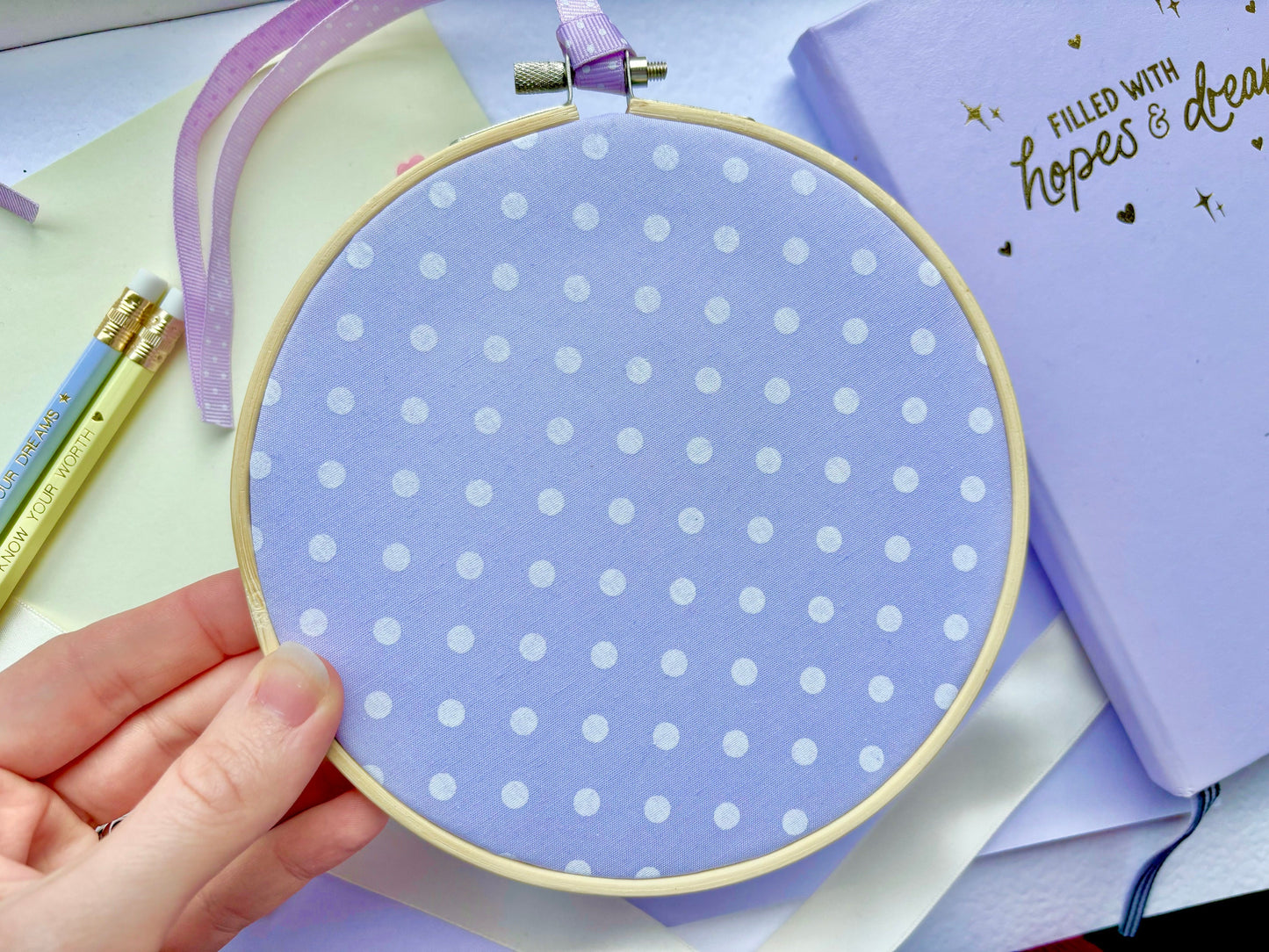 Lilac Polka Dot Enamel Pin Display Hoop (Choice of 4" or 6" Hoop)